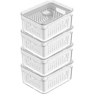 Ou Clear Stackable Fridge Organizer Bin with Drain Basket and Vented Lid, 4 Pack in Clear With White Drainer at Nordstrom