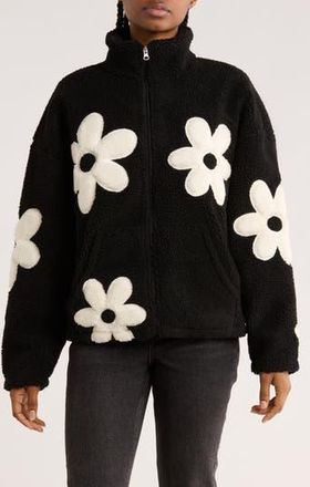 RDI Flower Appliqué Faux Shearling Zip Jacket in Black at Nordstrom Rack, Size X-Small