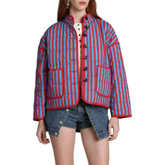 Avec Les Filles Stripe Boxy Quilted Cotton Blend Jacket in Sailor Blue-Tomato S at Nordstrom, Size X-Large