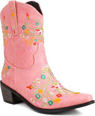 Generic Womens Mid-Calf Cowboy Boots with Embroidery Details, Wide Shaft Pull-On Design for Country Style,Pink,1.5 UK