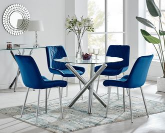 Furniturebox Selina Round Glass Chrome Leg Dining Table & Pesaro Silver Leg Chairs in Navy | Size: 4 Person