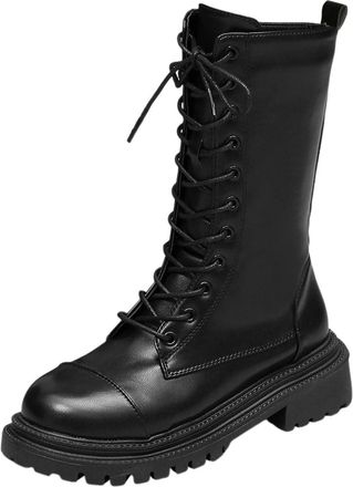 Generic Winter Ladies Leather Round Toe Strappy Zipper Mid Calf Boots with High Chunky Heel Solid Color Design for Women Large Size Footwear (Black, 5. 5)