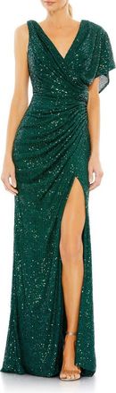 Mac Duggal Sequined Asymmetrical Draped Trumpet Gown in Emerald at Nordstrom, Size 14
