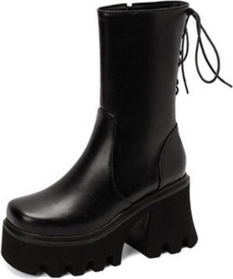 Generic Womens Square Toe Short Boots with Side Zipper Lace Up Combat Boots Chunky High Heel Platform Boot,Black,2.5 UK