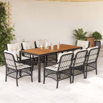 vidaXL Set De Comedor De Jard&iacute;n 9 Pzas Y Cojines Rat&aacute;n Sint&eacute;tico Negro Vidaxl