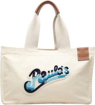 Loewe Pre-owned Canvas Beaded Logo Tote Bag - Dames - Vintage Shopper - Wit - ONE Size - Leer - Vintage