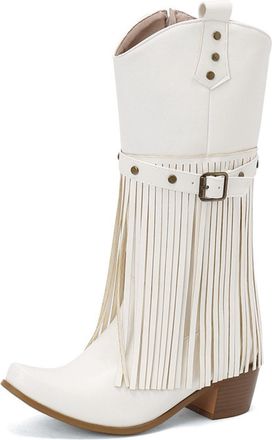 Generic Womens Fringe Decorated Pointed Toe Faux Leather Cowboy Boots Chunky Heel Mid Calf Boots Stylish Comfortable For Fashion Party Daily,White,3.5 UK