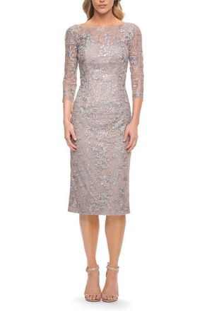 La Femme Fitted Lace Short Dress with Illusion Sleeves in Silver/mauve at Nordstrom, Size 10