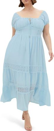 City Chic Haven Lace Inset Puff Sleeve Midi Dress in Ice Blue at Nordstrom, Size Xs