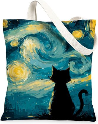 Generic Cat Canvas Tote Bags, Artistic Night Sky Pattern Reusable Grocery Bags, Vintage Design Lightweight Washable Shoulder Strap, Blue, 13x15 Inch