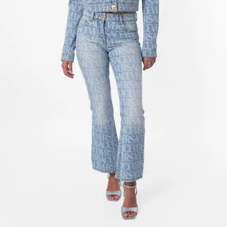 Versace All Over Monogram Flare Denim Jeans, Waist Size 26