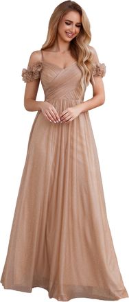Ever-pretty Womens V-Neck Off-Shoulder Spaghetti Straps Floor Length Bridesmaid Dress Rose Gold 18
