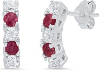 MAX + STONE 925 Sterling Silver Round Genuine Gemstone and White Topaz Curved Earring