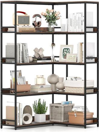 Costway Libreria ad Angolo 180 cm, Libreria a 5 Ripiani a Forma di L con Struttura in Metallo, Scaffale Espositivo Aperto Industriale per Soggiorno