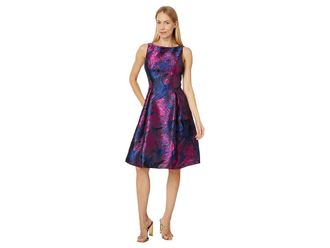 Adrianna Papell Jacquard Envelope Short Dress Womens Dress Navy/Orchid : 2, Polyester