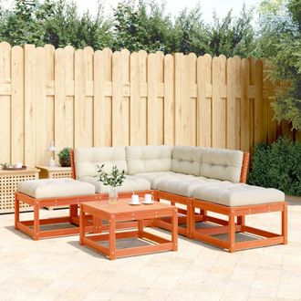 vidaXL Set De Sof&aacute;s Jard&iacute;n 5 Pzas Con Cojines Madera Pino Marr&oacute;n Cera Vidaxl