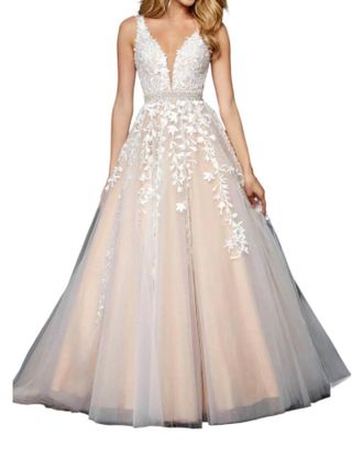 Sherri Hill Beaded Embroidered Tulle V Neck A Line Dress In Ivory Nude