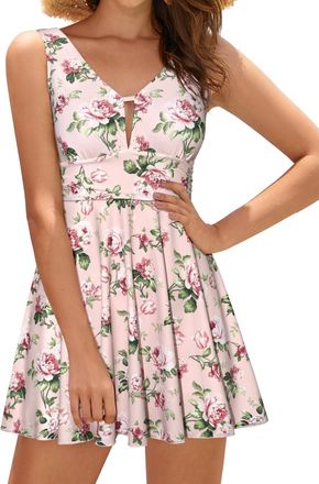 SHEKINI Womens Swim Dress One Piece Swimsuit Hollow Out Swimwear Padded Sexy V Neck Swimming Costume with Boyshort, Pink Rose, XXL