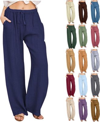 Generic Womens Summer Cotton Linen Pants Drawstring Elastic Waist Cropped Trousers for Women UK Solid Color Plus Size Wide Leg Trousers Lightweight Loose Fit 