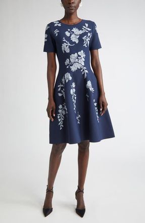 Carolina Herrera Floral Jacquard Fit & Flare Dress in Midnight Multi at Nordstrom, Size Small
