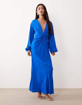 Nobody's Child Adina - Vestito midi in raso blu con dettaglio annodato sul davanti