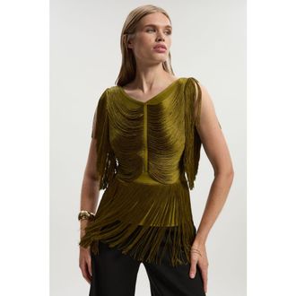 Karen Millen Draped Fringe Knitted Top in Olive at Nordstrom, Size X-Small