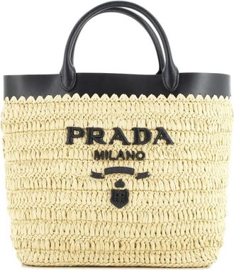Prada Logo Shopping Raffia and Leather Small tote bag - Beige