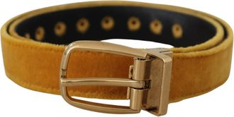 Dolce & Gabbana Mosterdfluweel Gouden Logo Gegraveerde Metalen Gesp Riem