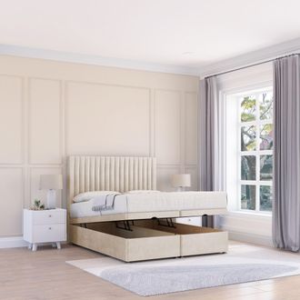 Sloomy Manhattan Plush Fabric Ottoman Bed End Opening With Sprung Memory Mattress & 26 Inch strut Headboard in Cream | Size: Small Single
