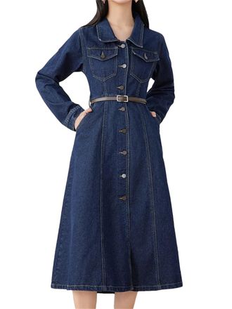 Generic Autumn Winter Women Lapel Single Breasted Casual Denim Dress Vintage Empire Slim A-Line Midi Dress with Belt Blue