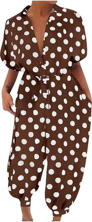 Generic Harem Jumpsuit for Women UK Sale Clearance Casual Loose Short Sleeve V Neck Button Down Romper All In One Jumpsuit Solid Color Casual Onesies Playsuit