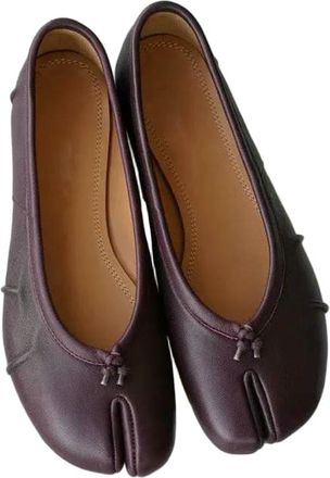 Generic SLJYM Fashion Soft Leather Split Women Tabi Ballet Flats Autumn Comfortable Walking Lazy Loafers Casual Girls Dance Shoes Wine Red
