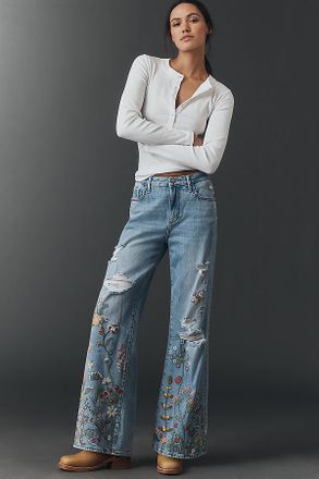 Free People Marlena Embroidered Mid-Rise Wide-Leg Jeans