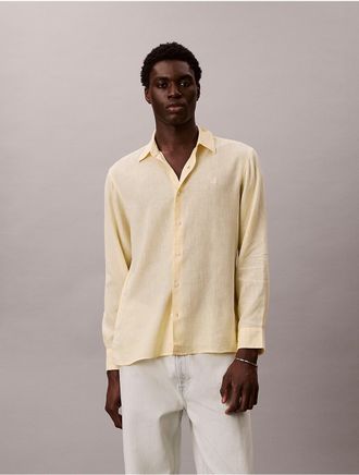 Calvin Klein Mens Solid Linen Blend Classic Shirt - Yellow - XL