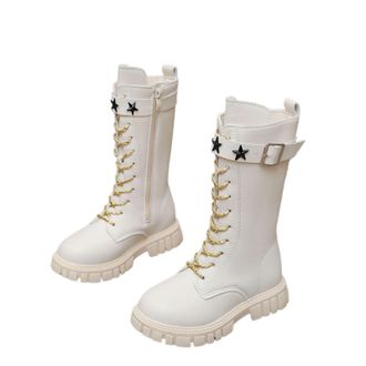 Generic Girls White Boots Kids Pearls Lace Up Riding Boots Mid Calf Combbat Booties PU Leather Side Zipper Punk Goth Shoes Waterprroof Non Slip Easy to Put On