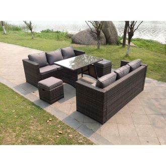 Fimous Fimous - 8 Seater Lounge Rattan Sofa Set Dining Table Stools Outdoor Garden Furniture