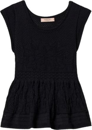 Twinset Uitlopende Gebreide Top met Bloemendesign - Dames - Tops zonder mouwen - Zwart - L - Leer - Tops
