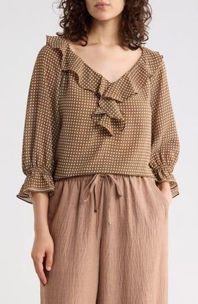 Max Studio Ruffle Front Floral Top in Mocha/Ivory Game Dot at Nordstrom Rack, Size X-Small