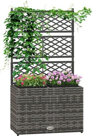 OUTSUNNY Garden pe Rattan Planter Box w/ Trellis Flower Raised Bed, 57x30x107cm