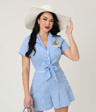 Unique Vintage Shirley Crop Top in Blue Gingham W/Embroidery at Nordstrom, Size X-Small