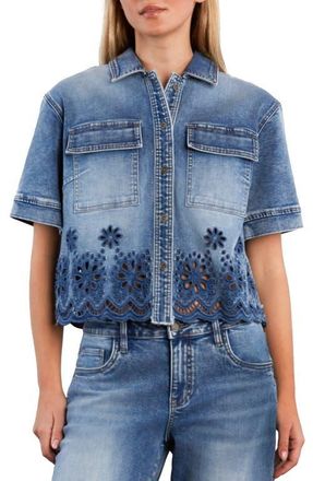 Wash Lab Denim Petal Eyelet Denim Button-Up Shirt in Relaxed Blue at Nordstrom, Size X-Large