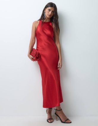 & Other Stories abito midi in satin con taglio sbieco rosso acceso