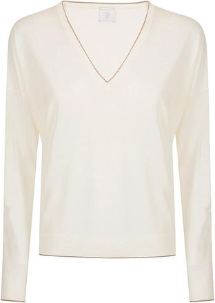 Eleventy V-neck Knitwear, female, White, M, Maglia Scollo a V Tipping