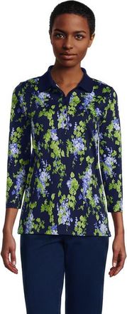 Lands End 3/4 Sleeve Supima Cotton Polo Shirt in Deep Sea/blue Blooms at Nordstrom, Size X-Small
