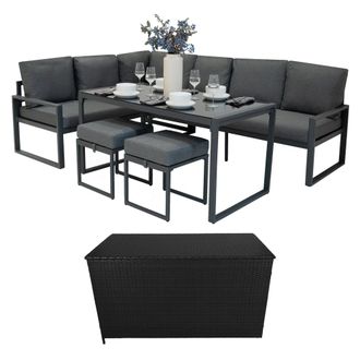 MonsterShop Aluminium Corner Sofa Set With Black Rattan Storage Box - Anthracite in Grey