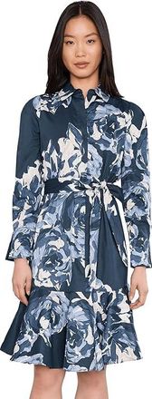 Calvin Klein Long Sleeve Floral Cotton Aline Womens Dress Vintage Indigo : 14, Cotton/Elastane/Polyester