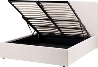 Beliani Ottoman Bed Light Beige Fabric EU Double Size 4ft6 Fabric Upholstery with Wide Headboard and Storage Lift-Up Slatted Base BRENON