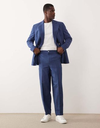 Asos Pantaloni da abito affusolati oversize in misto lino blu a righe