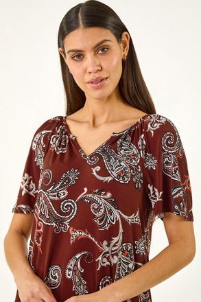 Roman Paisley Puff Print Gathered Stretch Top