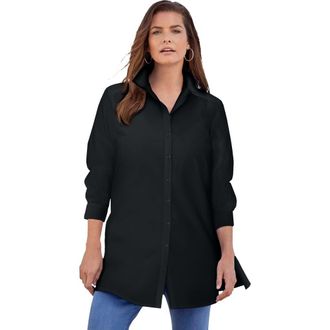 Roaman's Kate Long-Sleeve Crisp Cotton-Blend Button-Front Tunic in Black at Nordstrom, Size 44